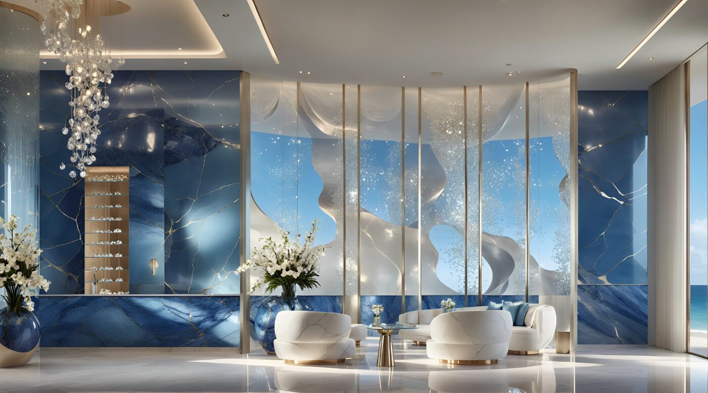 Vistal by Victoria Swarovski — lobby with a blue marble wall