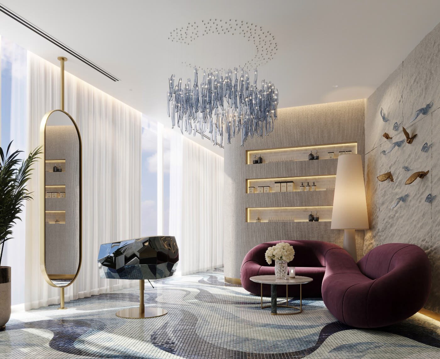 Vistal by Victoria Swarovski — lounge with a crystal chandelier