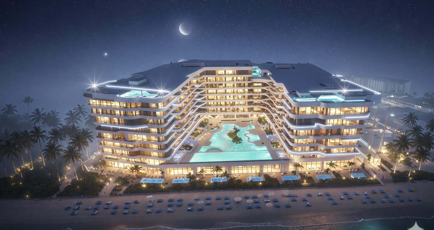 Vistal by Victoria Swarovski — aerial view of the building and beach at night