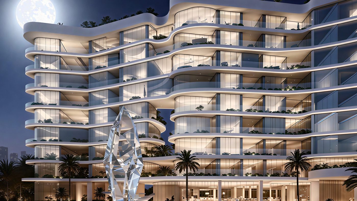 Vistal by Victoria Swarovski — façade at night with a crystal sculpture